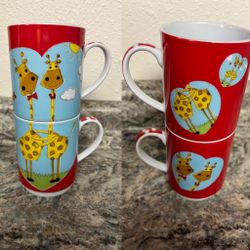 Set of Two Stacking Giraffes Coffee Tea Mugs Cups | Giraffes in Heart