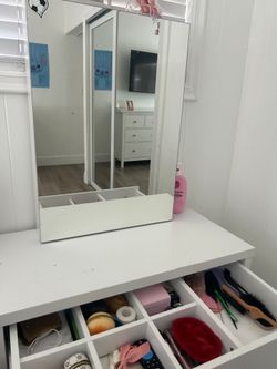 Vanity with minor and stool with storage