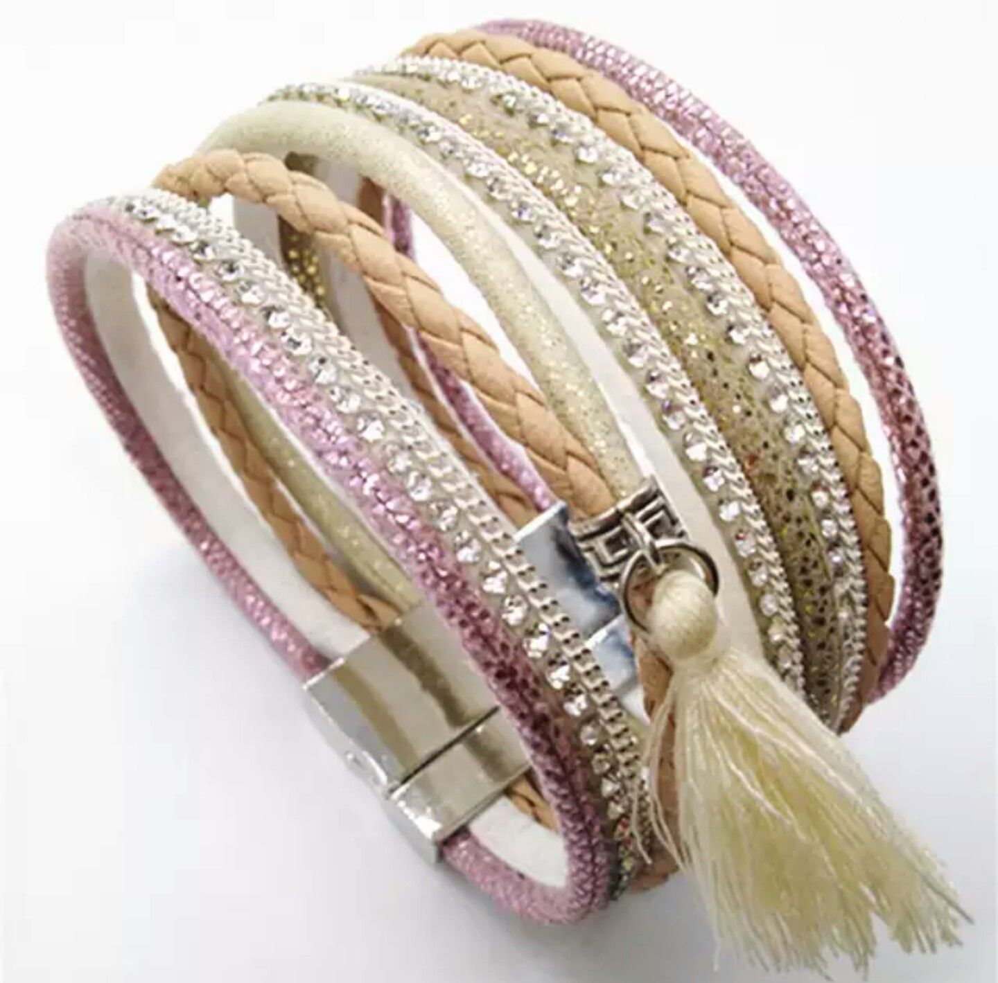Beige Tassel Rhinestone Pink Multilayer Ethnic Trendy Bracelet