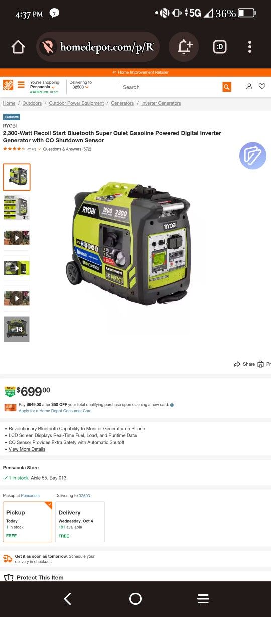 NEW Ryobi Quiet Gas Powered Generator