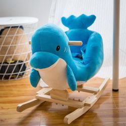 Kinbor Kids Rocking Horse Plush Dolphin Ride On Toy Toddler Stuffed Animal Rocker with Sound & Seat Belts, Blue
