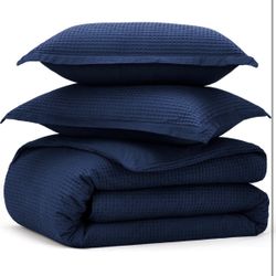 Bedsure Cotton Duvet Cover King - 100% Cotton Waffle Weave Navy Blue Duvet Cover King Size, GentleSoft™ and Breathable Bedding Set for All Season, 3 P