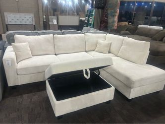 Comfy cream beige corduroy sectional and storage ottoman