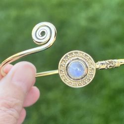 Gold Plated Natural Rainbow Moonstone Wrap Bangle Cuff Bracelet