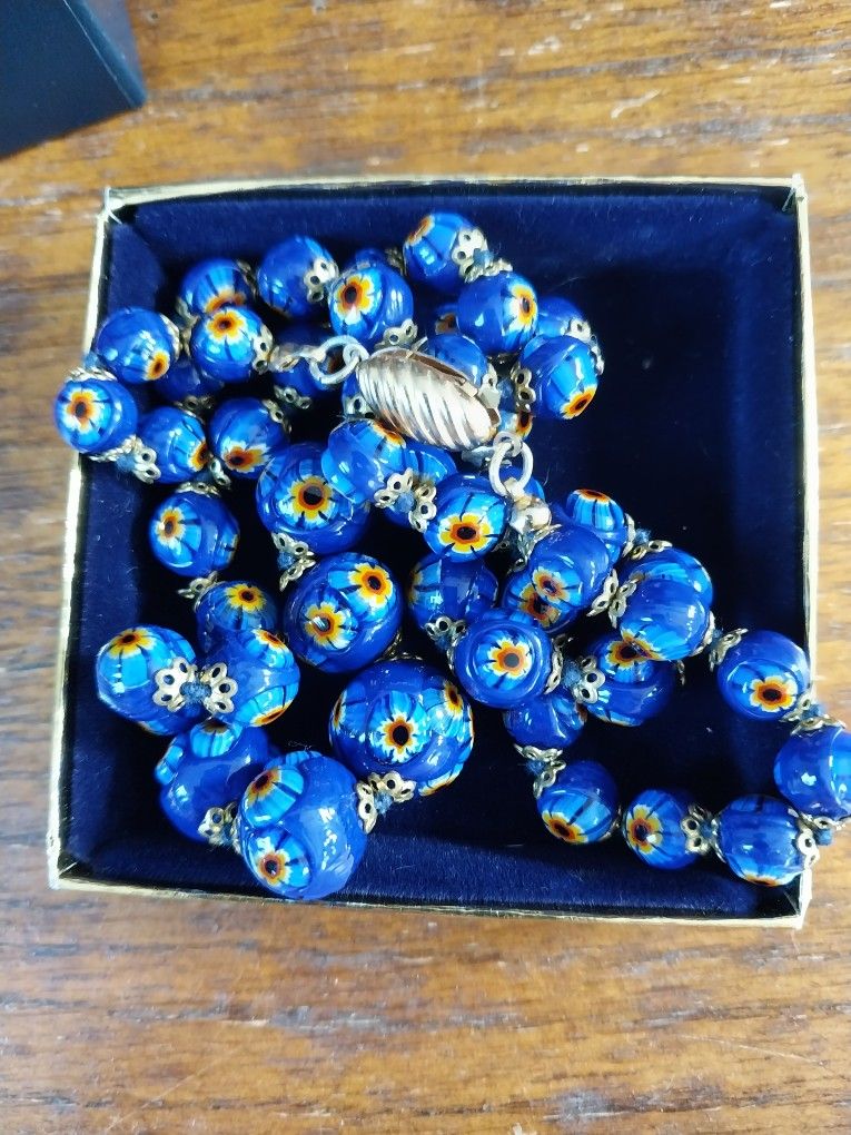Beautiful Vintage Italian Blue Millefiori Glass Bead Necklace  Long 