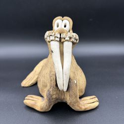 Vintage Max Hindt Clay Pottery Sculpture Figurine Brown & White Walrus 7"