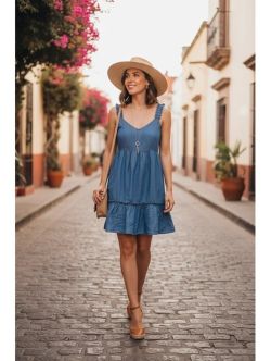 Light Blue Sleeveless Ruffled Mini Dress with Tiered Hem