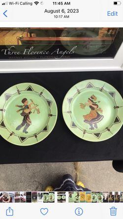 Antique Wall  Plates Hand painted Signed Folk Dance Vintage Pair