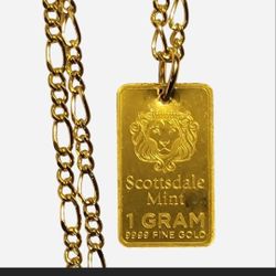 9999 Solid 24k Gold Pendant + 18k Gold Filled Figaro Necklace (20") - New 