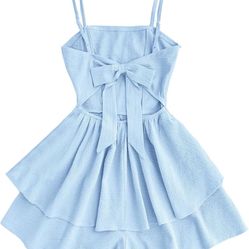 Girl's Summer Romper Spaghetti Strap Tie Back Bow Layered Ruffle Boho Short Jumpsuit