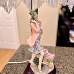 Vintage Porcelain Figurine Lamp W/ Satin Beaded Shade