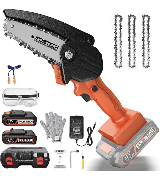 Mini Chainsaw, Upgraded 4 Inch Cordless Small Chain Saw with 3Pcs Chains & 2Pcs 21V Rechargeable Batteries Portable One Hand Electric Chainsaw for Bra