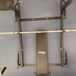 PRx Performance Profile Folding Squat Rack (Wall-Mounted) + Bench & 45lb Bar 