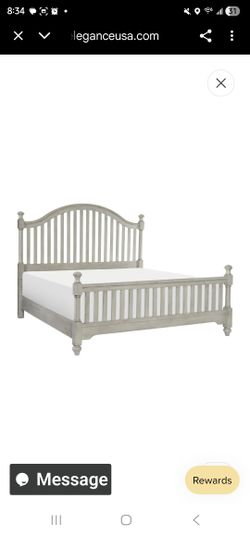 Benzara Ugo Queen Bed- Slatted Arched Headboard- Finial Accents- Gray Wood Frame