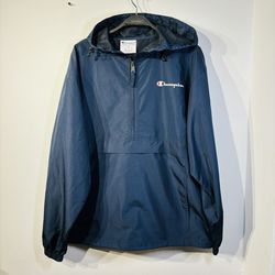 Champion Windbreaker Jacket Mens Size M Blue Dark 1/4 Zip Hoodie Long Sleeve