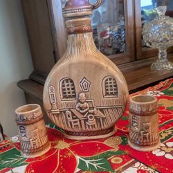 Mid Century Vintage Ceramic Chalkware Decanter With Cork Stopper And Two Matching Cups Barware 