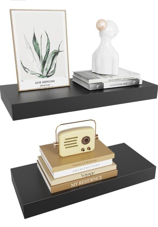 15in x6.7in x1.4in. Black Floating Shelves Wall mounted Hanging Shelves for Wall Storage. Set of 2