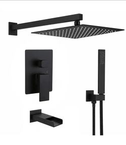 BWE Waterfall Spout Single Handle 3-Spray Square High Pressure Tub and Shower Faucet in Matte Black (Valve Included)