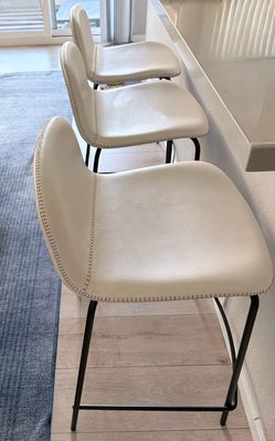 CB2 leather counter stools, off white, whipstitch detail