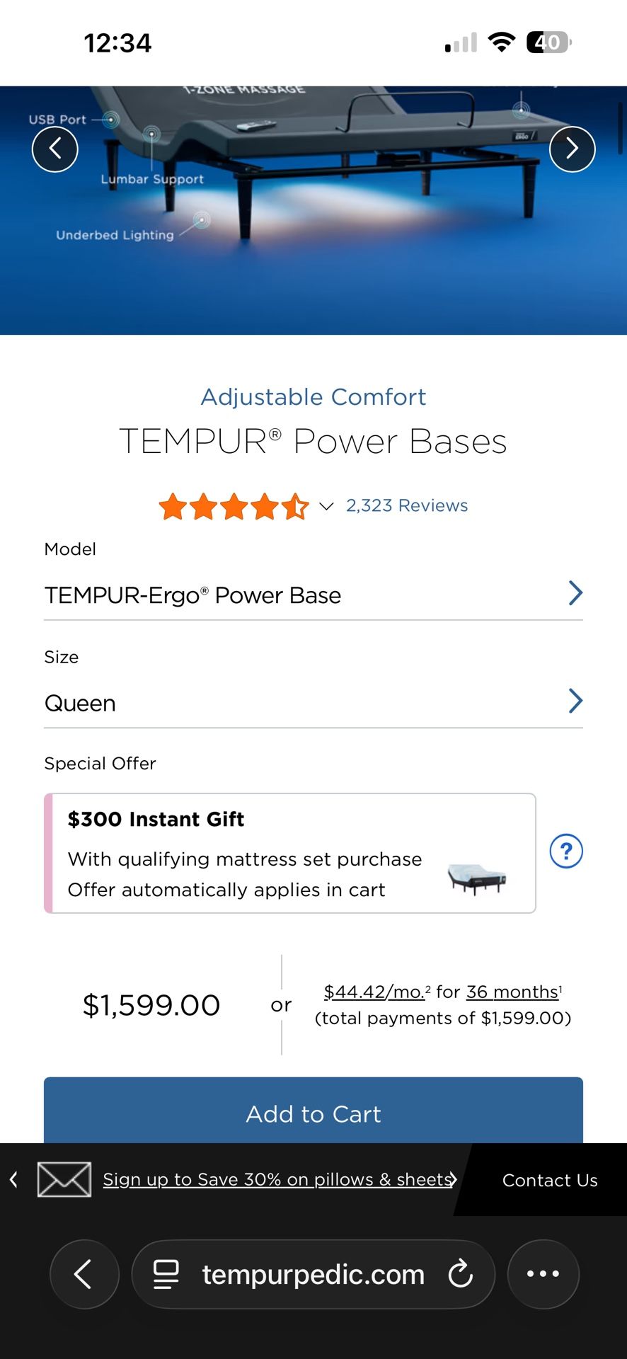 Tempurpedic Pro adapt Medium Bed And Tempur Ergo Power Base Queen Size Combo 