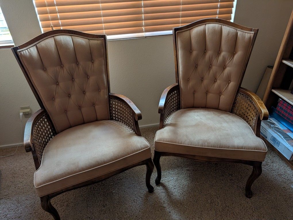 Pair Of Mid Century Tufted Microfiber Upholstered Cane Accent Chairs
