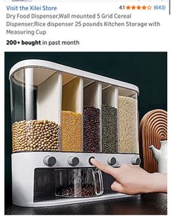 New! Dry Food Dispenser,Wall mounted 5 Grid Cereal Dispenser, Rice dispenser 25 pounds