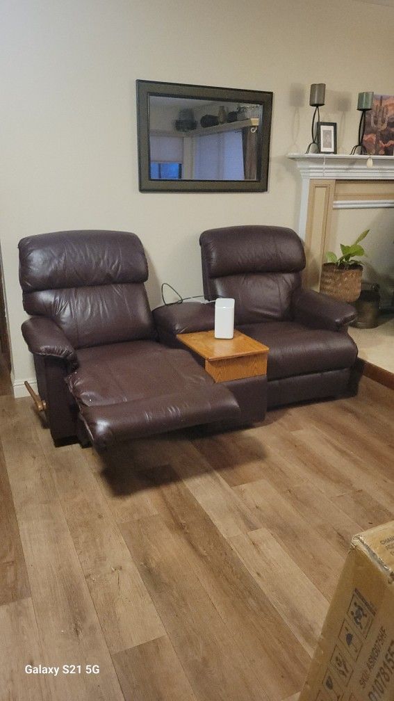 Leather Twin Recliners With Side Table And Drawers