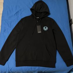 True Religion Hoodie Mens Medium Brand Jeans Jet Black Blue Puff Print Y2K