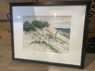 Framed Watercolor Beach Dunes Painting