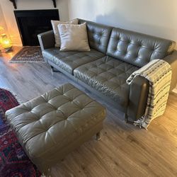  Leather Sofa + Ottoman – Gray-Green