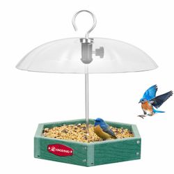 Kingsyard Platform Bird Feeder For Outdoor Hanging - Rugged Recycled Plastic Wild Bird Feeding Station With Adjustable Dome & Metal Mesh Tray, Green