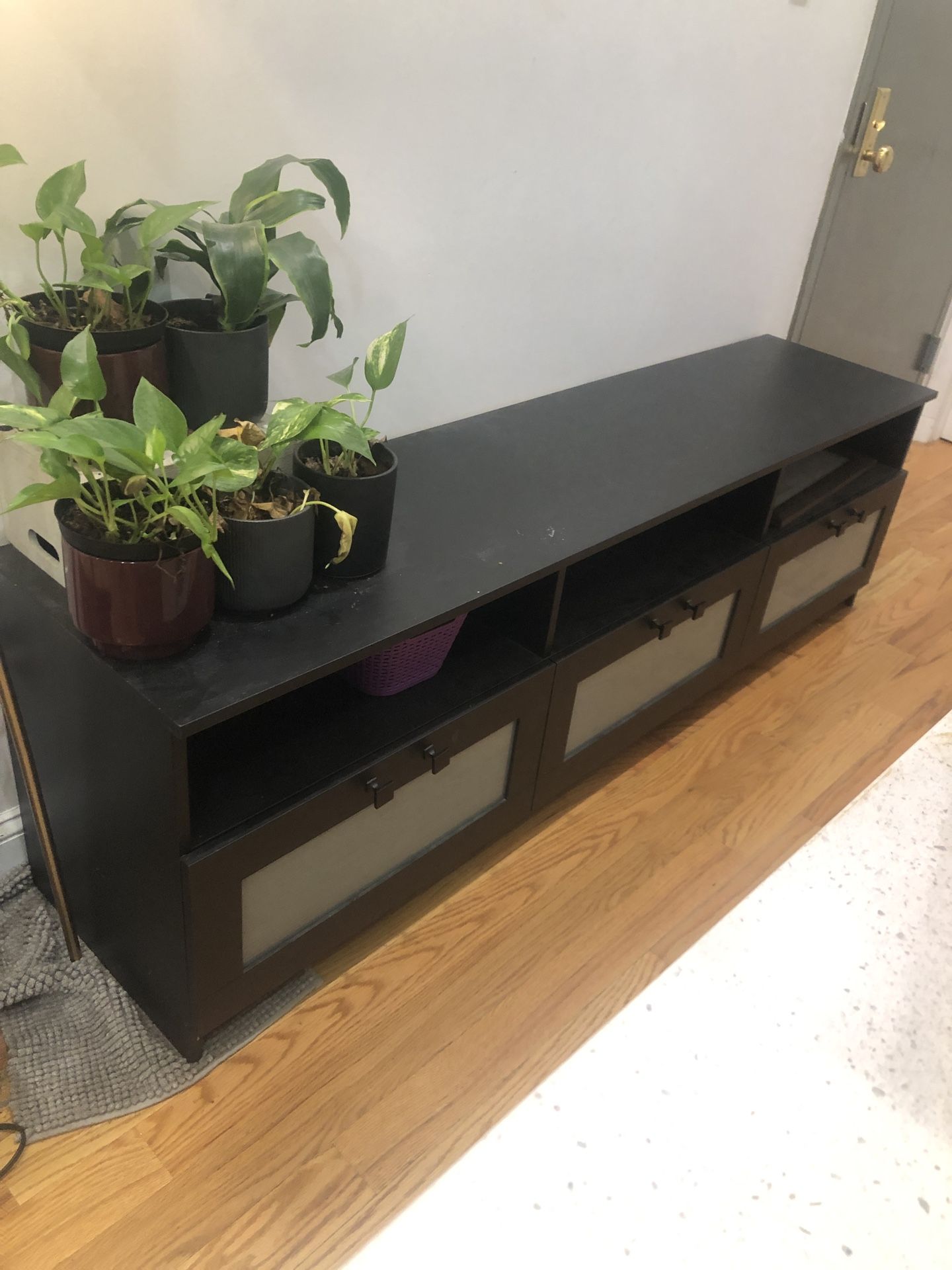 6 Foot Black Storage Bench with drawers, and shelves. 