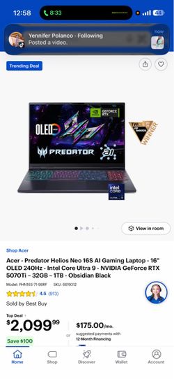 Acer Predator Helios Neo 16S AI Gaming Laptop – RTX 5070 Ti – Core Ultra 9 – 32GB RAM – OLED 240H