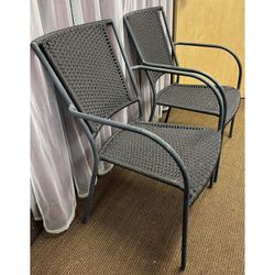 (2) Woven Outdoor Patio Deck Stacking Chair, Metal Frame. $20ea. Back and seat great. Frame could use some love.