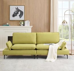 89 inch Cotton Linen Loveseat Sofa with Sturdy Metal Feet, Upholstery Accent Couch with Adjustable Armrest for Living Room, Bedroom