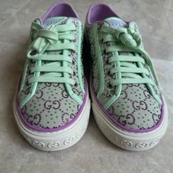 Gucci tennis 1977 GG crystal canvas light green / lilac low top sneakers uk 6
