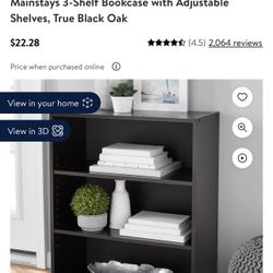 Mainstays 3-Shelf Bookcase with Adjustable Shelves, True Black Oak