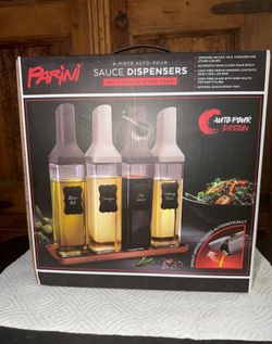 Parini 4 Piece Auto Pour Sauce Dispensers With Acacia Wood Tray and 8 Compartment Stainless Steel Condiment Trays With Acacia Wood Caddy