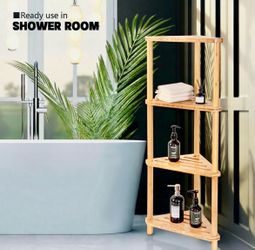 GUGIGP 4-Tier Corner Shower Caddy Stand Bamboo, Standing Corner Shower Shelf, Shower Organizer, Shower Storage Shlves, Waterproof, Retails $109.99