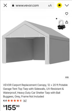 VEVOR Carport Replacement Canopy, 12 x 20 ft Potable Garage Tent Top Tarp with Sidewalls, UV-Resistant & Waterproof, Heavy Duty Car Shelter Tarp with 