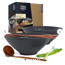 Moritz & Moritz Ramen Bowl Set for 2 Ceramic Bowls Chopsticks Soup Spoons Black