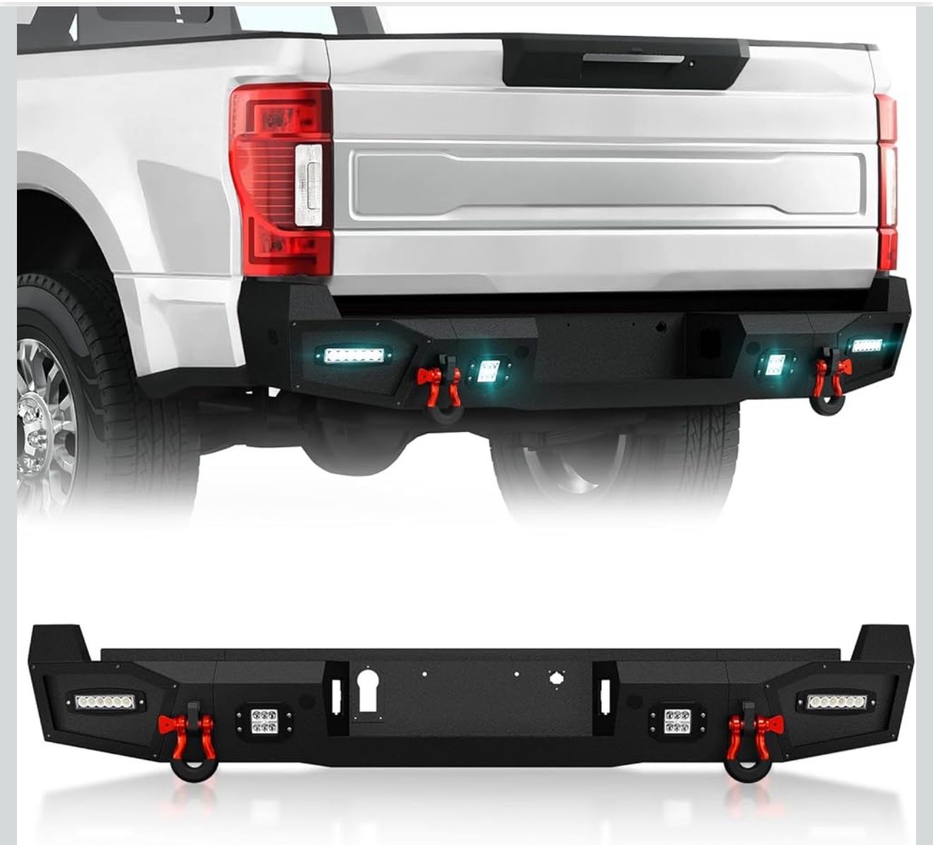 Pickup Truck Rear Step Bumper Compatible with 2017-2025 4th Gen Ford F250 F350 F450 Super Duty Off-Road Bumper Built-in Paintable Armor, Sensor Holes