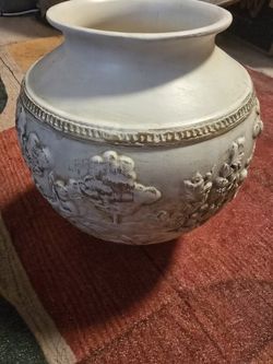 Vintage White Italian Ceramic Vase - Embossed Cherub Scene - Made in Italy - Boise