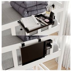 Foldable Metal Dorm Bunk Bedside Shelf with Cup Holder & Slot Black Foldable metal tray for bunk & loft beds. Features deep cup holder, phone slot & s