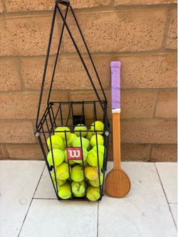 Tennis ball hopper w/ 50 used balls /training stick