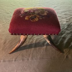 Antique Victorian Westerb Cow Horn Foot Stool, Floral Upholstery