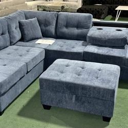 Grey Sectional Sofa With Ottoman  And Cup Holders NEW 
