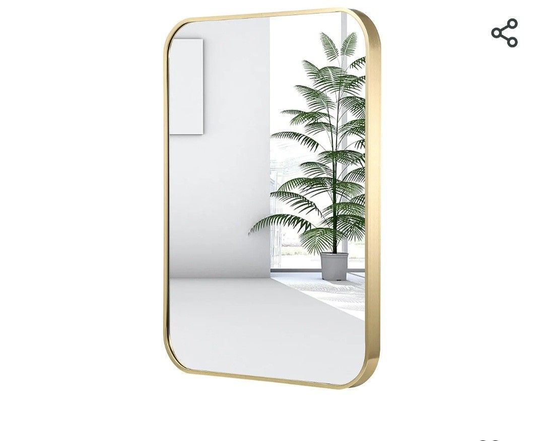22×30 Bathroom Mirror Brashed Brass Gold Metal Framed Rectangular Mirror With Rounded Corners.