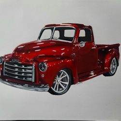 Red Chevrolet Truck Drawing Color Pencil 11x14 