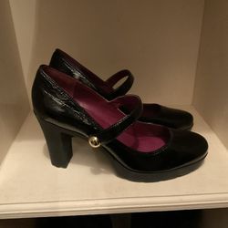 Coach Lila's Crinkle Black Patent Leather Chunky Heel Mary Jane Shoes